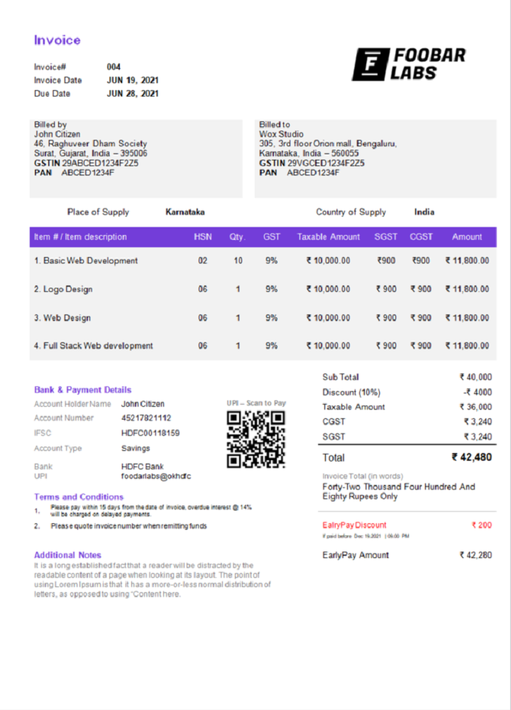 India Foobar Labs Information Technology Company invoice template in Word and PDF format, fully editable, version 2